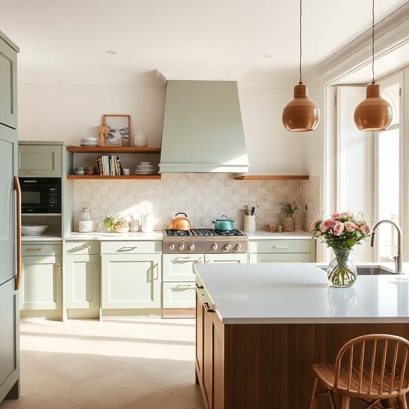 Cuisine ouverte rénovée à Bordeaux, façades vert sauge, plan de travail en quartz blanc, crédence zellige