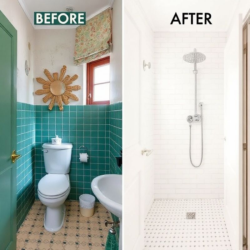 Avant/après salle de bain bordelaise, transformation en salle d'eau minimaliste émeraude et blanc