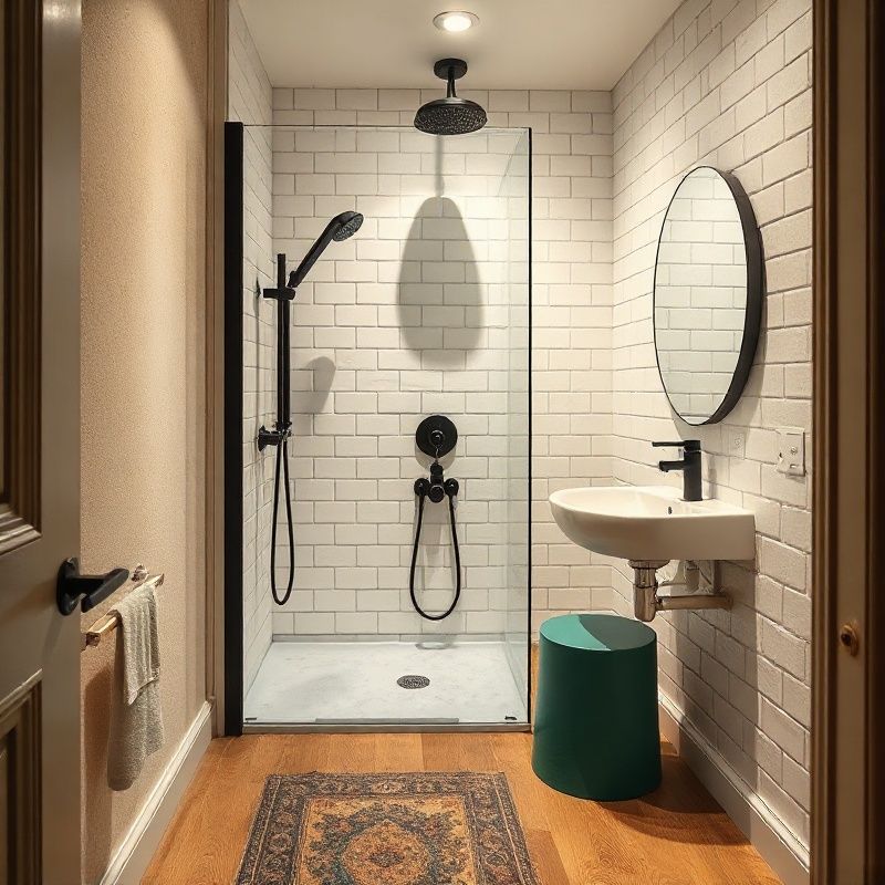 Salle de bain compacte rénovée dans un immeuble ancien bordelais, douche italienne, zellige blanc, robinetterie noire