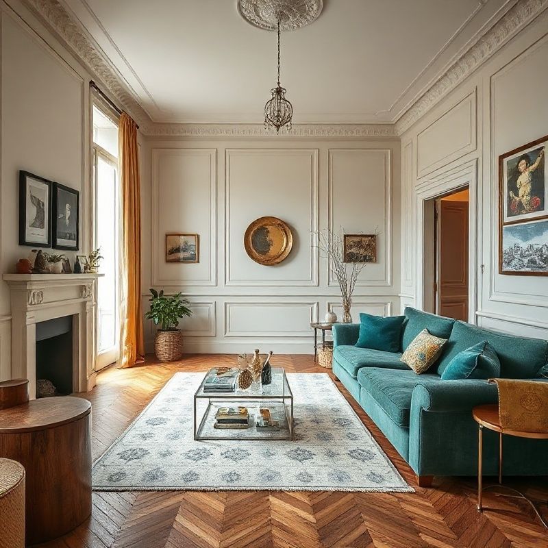 Salon d'un appartement de 85 m² rénové aux Chartrons, parquet chêne massif, canapé vert émeraude, moulures crème