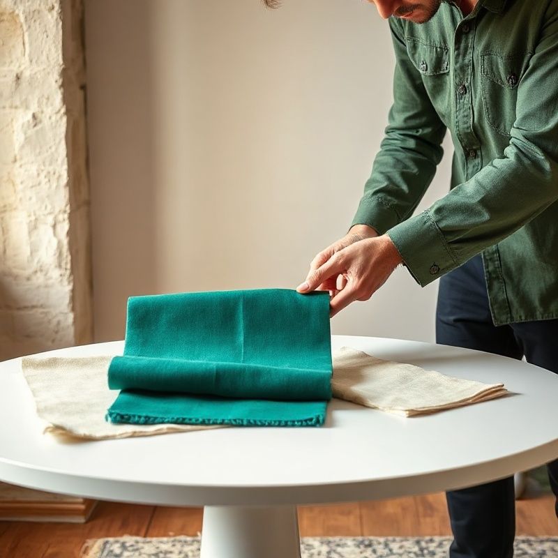 Séance de moodboard pour un appartement bordelais, échantillons de tissus vert émeraude et crème sur une table blanche