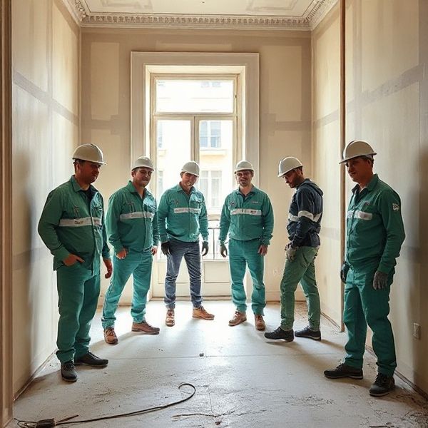 Équipe Terraaastro de cinq personnes sur un chantier d'appartement bordelais, tenues de travail émeraude