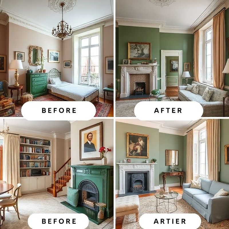 Collage de quatre réalisations de rénovation d'appartements à Bordeaux, tons émeraude et pierre chaude