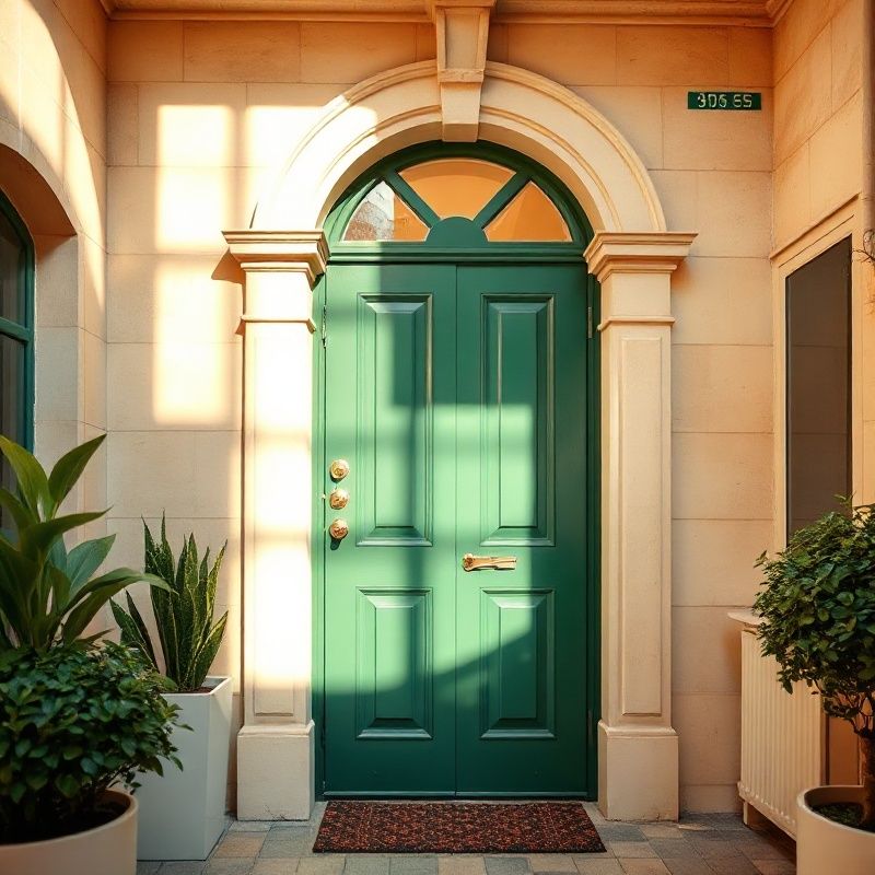 Entrée d'un appartement bordelais rénové, murs en pierre crème et porte vert émeraude, lumière chaude