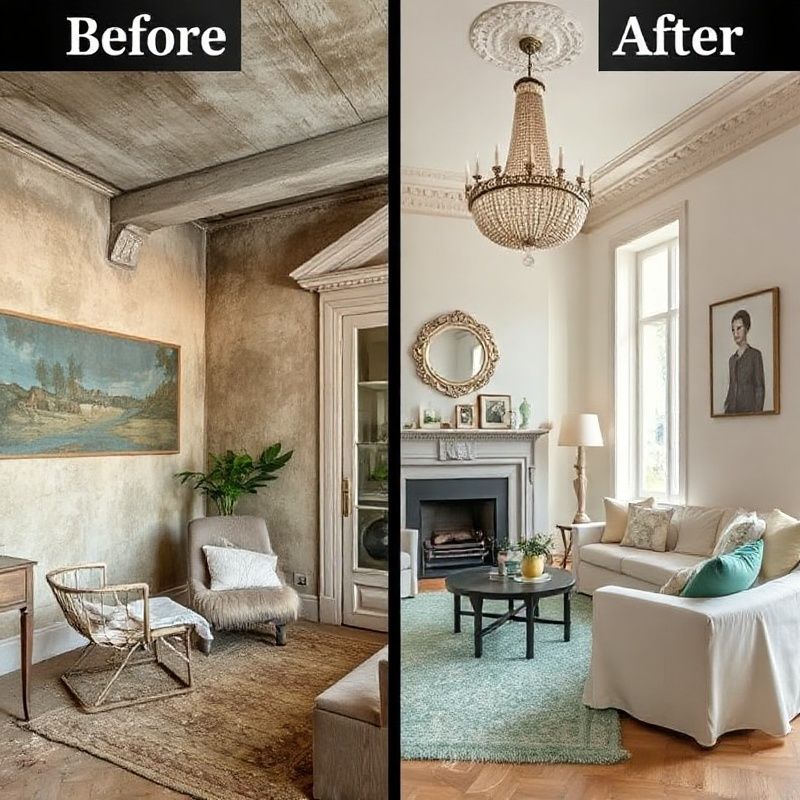 Avant/après salon d'appartement aux Chartrons, transformation vers un intérieur émeraude et crème